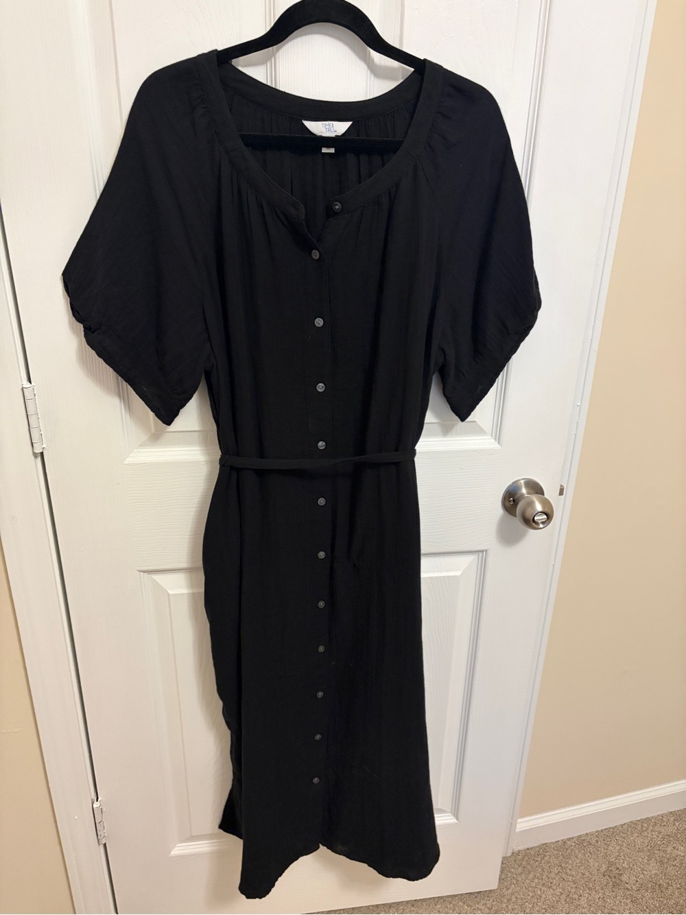 Time and Tru Black Button-Front Midi Dress with Self-Tie Belt